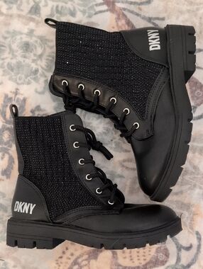 DKNY Black Lace-Up Combat Boots with Decorative Jeweled Panels